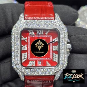 ICE LOOK นาฬิกาควอทซ์ทรงสี่เหลี่ยมหรูหราสายหนังสีแดงฝังเพชรตัวเรือนแสดงวันที่แบบอะนาล็อกสำหรับทุกเพศ 38 มม. - Product Image 3