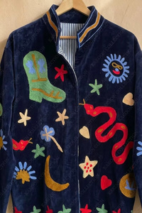 Veste bomber en velours à motif floral brodé Suzani, faite à la main, style bohème vintage, réversible, courte, ethnique, automne-hiver - Product Image 4