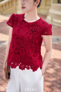 Blusa de Mujer con Detalle de Lazo de Encaje Floral VELA VIVI KA Casual 100% Poliéster Manga Corta Regular Transpirable Floral - Product Image 6
