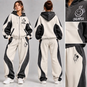 <b>Women's</b> <b>Black</b> White <b>Zip</b> <b>Hoodie</b> Tracksuit Set Color Panel Design Casual Oversized Jogger Pants Streetwear - Product Image 3