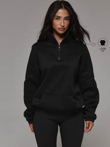 Sudadera de algodón negra para mujer con cremallera de un cuarto, manga larga, color liso, forro polar, cuello con capucha, ajuste holgado, para invierno, con logo frontal - Product Image 1