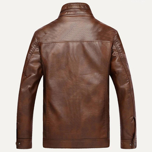 Brown Eco-Friendly Men's Genuine <b>Leather</b> Bomber <b>Jacket</b> Regular Sleeve Stand Collar Zipper Closure Polyester Fiber Lining <b>Winter</b> - Product Image 2
