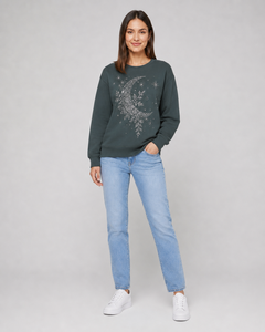 Women's Dark Green Sequined Crewneck Sweatshirt Long Sleeve Casual Knitted Cotton Autumn <b>Top</b> Rhinestone Sweatshirts - Product Image 1