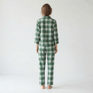 Ensemble de pyjama en flanelle pour femmes, t-shirt à manches longues à boutons et pantalon décontracté en coton à carreaux - Product Image 4