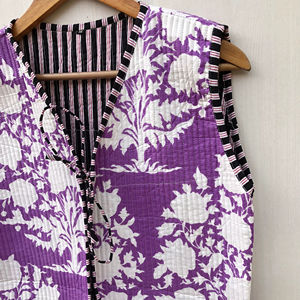 Sanganeri Print Striped Woven Jaipuri Knitted Breathable Autumn Party Wear Reversible Cotton <b>Quilted</b> <b>Jacket</b> for Women Handmade - Product Image 1