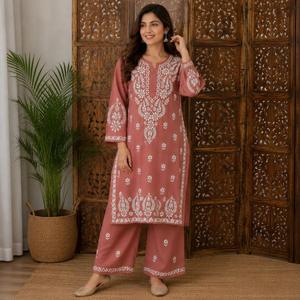 Elegant Women Dusty Rose <b>Chikankari</b> Hand Embroidered Straight <b>Kurti</b> with Matching Palazzo Set Ethnic Floral Suit - Product Image 1