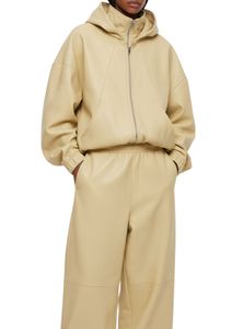 Premium Women's PU Leather Full <b>Zip</b> <b>Hooded</b> Tracksuit Set – Oversized Hoodie & Relaxed Jogger Pants Luxury Streetwear Outfit - Product Image 2