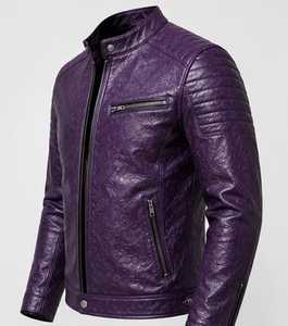 Veste en cuir gaufré violet de haute qualité pour homme, coupe ajustée, col montant, fermeture éclair - Product Image 1