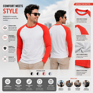 T-shirt à manches longues en coton premium pour homme |   T-shirt confortable et respirant à manches contrastées, col rond, pour le sport et les loisirs - Product Image 5