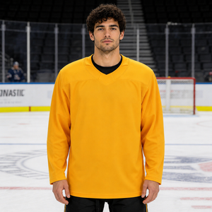 Jersey de Hockey sobre Hielo para Hombre, Cuello en V, Color Amarillo Sólido, Manga Larga, Antibacterial, Poliéster, Ropa de Entrenamiento, Corte Regular para Adultos - Product Image 1