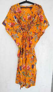 Vestido Kaftan Indio 100% Algodón, Estampado Floral, Cuello en V, Corte en A, Largo hasta la Rodilla, Ligero, Ropa de Playa con Encaje - Product Image 3