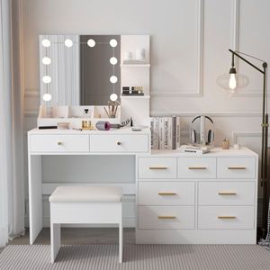 Grande Tavolo da Trucco con 10 Luci LED e Stazione di Ricarica, Ideale per Uso come Toeletta - Product Image 1