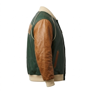 Genuine Cowhide <b>Leather</b> Varsity <b>Jacket</b> Green <b>Brown</b> Color Block College Baseball Coat For <b>Men</b> Oversized Streetwear - Product Image 3
