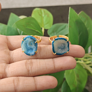 Natural Blue Agate Druzy Gemstone <b>Adjustable</b> <b>Rings</b> 18k Gold Plated Brass Trendy Unique Style Women Fashion Jewelry Gift Her - Product Image 2
