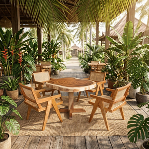 Solid Suar Wood Elegant Rustic Wholesale Solara <b>Live</b> <b>Edge</b> Cafe <b>Table</b> Teak Chair Set Furniture with Rattan Seat Backrest Design - Product Image 6