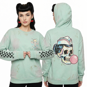 Sudadera con capucha extragrande de 350GSM, morado oscuro, con lavado ácido, bajo con borde sin rematar en zigzag personalizado, gráfico de calavera llorona y flores, proveedor de marca - Product Image 6
