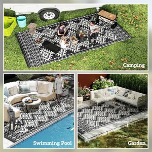 Tappeto da esterno reversibile bianco e nero 9 'X 18' impermeabile in plastica con bordo a rombo borsa - Product Image 5