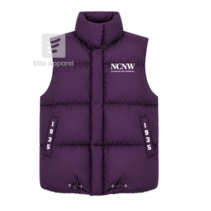 Gilet matelassé personnalisé du Conseil NCNW avec logo brodé sur le devant, veste sans manches de couleur violette et blanche pour femme - Product Image 1