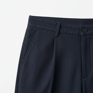 Pantalon formel plissé en satin respirant bleu marine pour homme, coupe droite avec fermeture éclair, idéal pour les tenues décontractées ou professionnelles - Product Image 5