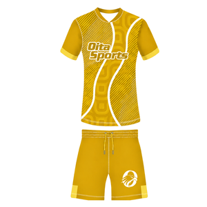 Ensemble short et maillot de rugby jaune moutarde et blanc, manches courtes, col en V, motif géométrique, uniforme d'équipe personnalisé, respirant, pour l'entraînement et le sport - Product Image 1