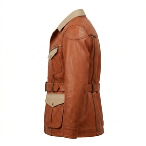 Men Vintage Cognac <b>Safari</b> Field <b>Jacket</b> Orange Real Leather Belted Coat Beige Contrast Custom Bulk Manufacturer Factory Apparel - Product Image 4