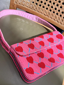 Heart Stud Geometric Pattern Lady Autumn Single <b>Strap</b> Beaded Hoop Closure <b>Shoulder</b> Crossbody Travel Evening Fashion Handbag - Product Image 3