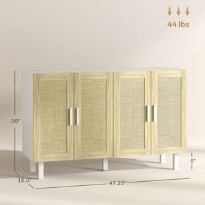 Mobile da Cucina Boho Bianco e Naturale con 4 Ante in Rattan e Ripiani Regolabili per Sala da Pranzo di Villa - Product Image 3