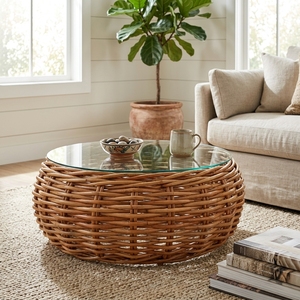 Mesa de Centro Redonda Thomas de Estilo Moderno y Minimalista, con Superficie de Vidrio y Ratán Tejido Natural, para Sala de Estar o Patio - Product Image 2