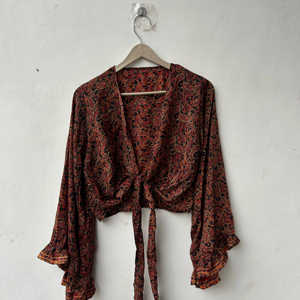 Lot de hauts en soie pour femmes, style rétro, à manches cloche, à nouer, avec 3 façons de porter, style hippie bohème, à nouer devant - Product Image 1