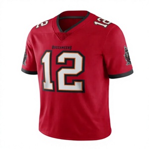 Maillot des Buccaneers de Tampa Bay 12 pour homme, manches courtes, col en V rouge, sportif, respirant, coupe régulière, motif lettres imprimé, 100 % polyester - Product Image 1