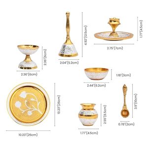 Gold Plated Metal Puja Thali Set Round Religious Prayer Tray <b>Kit</b> with Embossed Floral Pattern for Home Wedding Gift - Product Image 3