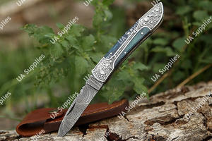 OEM Wholesale Professional Hand Engraved Damascus Steel Folding Pocket <b>Knife</b> Wood Epoxy Handle Leather Sheath Foldable Tactical - Product Image 2