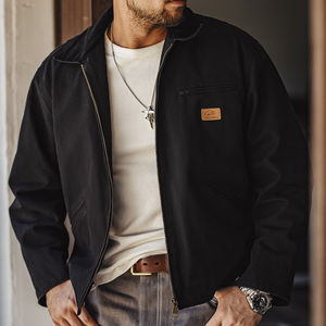 Men's Black Canvas Hooded Breathable Streetwear Jacket Customized Collar <b>Covered</b> <b>Button</b> Closure Winter Wear Regular Fit Front - Product Image 2
