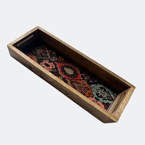 Plateau de service décoratif en bois bohème avec motif imprimé et poignées latérales pour la décoration de mariage et de fêtes à domicile - Product Image 2