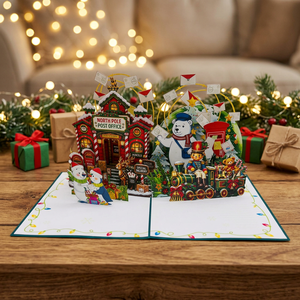 Carte de Noël pop-up 3D, bureau de poste du Pôle Nord, train des ours polaires, impression de dessin animé, artisanat en papier fait main, carte de vœux de Noël - Product Image 3