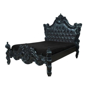 Meubles de chambre à coucher rococo peints en noir, capitonnés en cuir, avec tête de lit capitonnée, pour maison et hôtel de style français - Product Image 4
