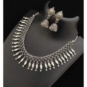 Elegant German Silver Necklace <b>Set</b> with Jhumka <b>Earrings</b> - Product Image 3