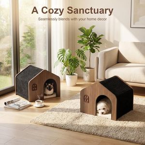 Casa para Gatos de Madera de Lujo con Rayas, Grado E0, No Tóxica, con Cojín Lavable, Ecológica, Mueble para Mascotas, Decoración Moderna para el Hogar - Product Image 2