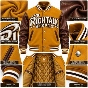 Veste universitaire pour homme en cuir PU marron moutarde avec lettrage brodé, style preppy, pour l'automne - Product Image 6