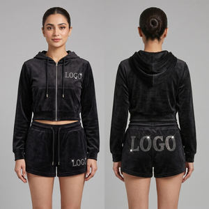 Conjunto de Sudadera Corta con Cremallera Completa y Manga Larga de Terciopelo Negro Sólido para Mujer y Pantalones Cortos con Pedrería, Venta al por Mayor OEM ODM - Product Image 1