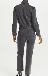 Women Denim Jumpsuit Full Sleeve Button Up Collar Solid Color Casual Long Length Breathable Midweight Cotton Spring Wear - Product Image 2