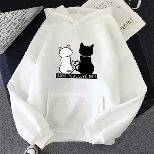 เสื้อสเวตเตอร์มีฮู้ดสีเหลืองพิมพ์ลายการ์ตูนแมว Love You Love Me สำหรับทุกเพศ สวมใส่สบายทรงโอเวอร์ไซส์ ผ้าถักนิตติ้งสำหรับฤดูใบไม้ร่วง - Product Image 3