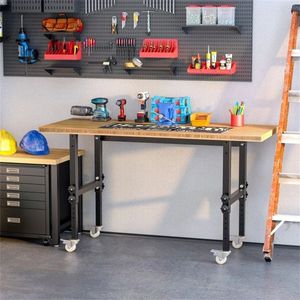 59\" Height Adjustable Garage Workbench with Wheels Bamboo Tabletop Durable Workstation Tool Table for Woodworking - Product Image 6