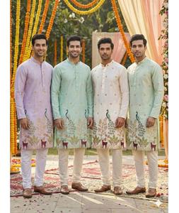 Indian Traditional Wear Pure Silk Fabric With Thread and Sequins Work <b>Mens</b> Wear Kurta with Raymond cotton Pyjama <b>Set</b> for Wedding - Product Image 1