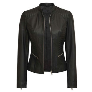 แจ็คเก็ตหนังแท้สีดำสไตล์คาเฟ่เรเซอร์สำหรับผู้หญิง ทรงเข้ารูป มีกระเป๋าซิป ดีไซน์เรียบหรู รับผลิตแบบ OEM ODM - Product Image 1