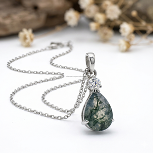 Collar de Ágata Musgo Pera de Moda, Colgantes y Amuletos Finos, Joyería de Lujo Inspirada en la Naturaleza con Moissanita Dorada Brillante, Regalo de Tendencia - Product Image 2