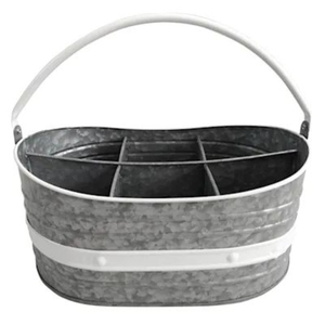 Porta cubiertos de hierro galvanizado, organizador de utensilios de metal ovalado con 6 compartimentos y mango de madera, estilo rústico portátil para casa de campo - Product Image 5