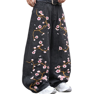 Womens Black Baggy <b>Embroidered</b> Denim <b>Jeans</b> Mid Wide Leg Loose Fit Casual Breathable Quick Dry Cotton Pants Everyday Wear Street - Product Image 3