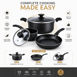 Juego de Utensilios de Cocina Antiadherentes de Primera Calidad |   Cacerola de 24 cm, Sartén de 24 cm, Cacerola para Salsas de 16 cm con Tapas de Vidrio, Juego de Cocina Compatible con Inducción - Product Image 5