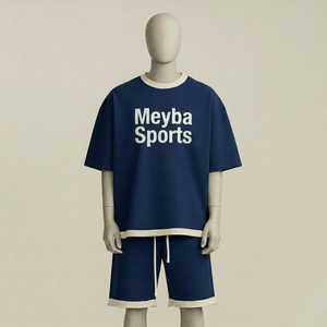 ชุดเสื้อยืดโอเวอร์ไซส์สีน้ำเงินและกางเกงขาสั้นสำหรับผู้ชาย พิมพ์ลายโลโก้ ชุดลำลองฤดูร้อนสองชิ้น ทรงหลวม สไตล์สตรีทแวร์ ชุดเข้าชุด - Product Image 1